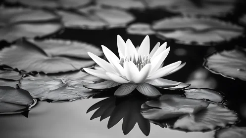 Monochrome waterlily macro with mirrored surface reflection.