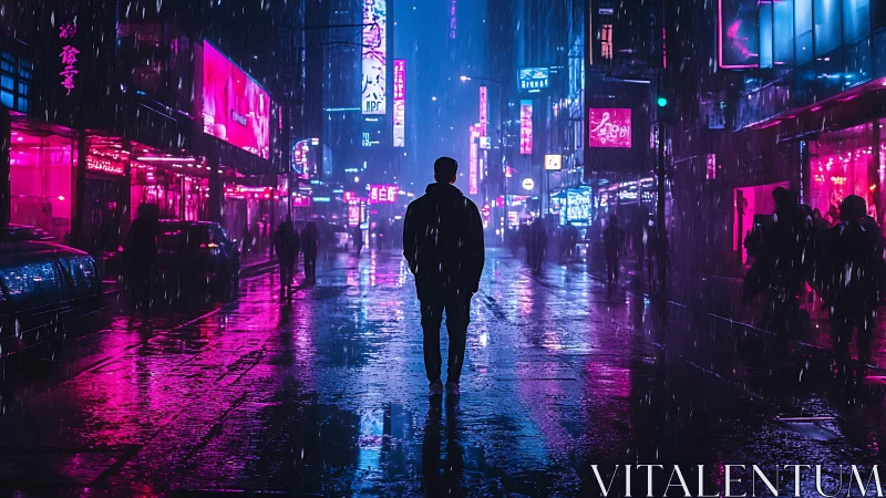 Lone figure in neon lit rainy city street at night scene.