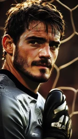 Thoughtful goalkeeper resting calmly beside the goal net.