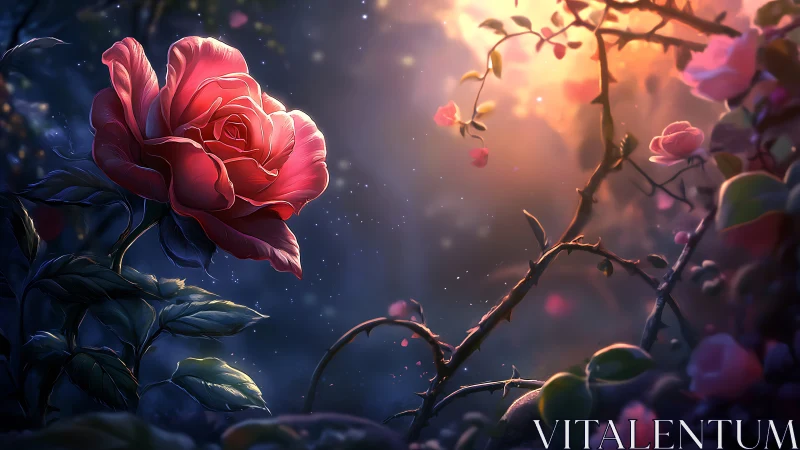 Crimson Rose Blooms in Mystical Twilight Garden.