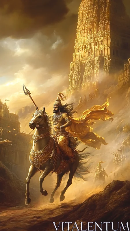 Epic mounted warrior against luminous temple skyline digital painting.