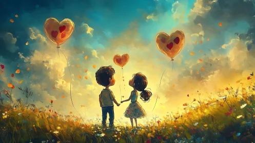 Two Children Holding Heart Balloons in Golden Flower Field