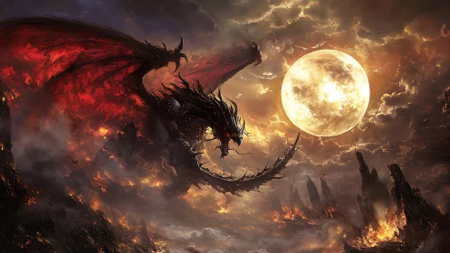 Fierce crimson dragon soaring beneath a blazing full moon.