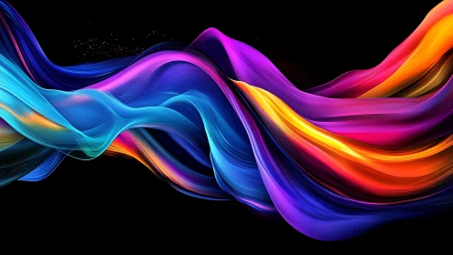 Multicolored fluid waveforms on black digital background.