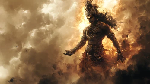 Mythic warrior emerges from volumetric clouds and radial firelight