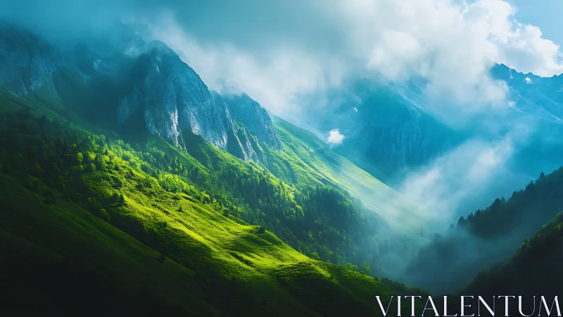 Sunlit green mountain valley under drifting mist clouds.