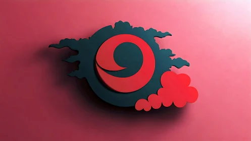 Crimson spiral moon drifting through stormy cartoon clouds.