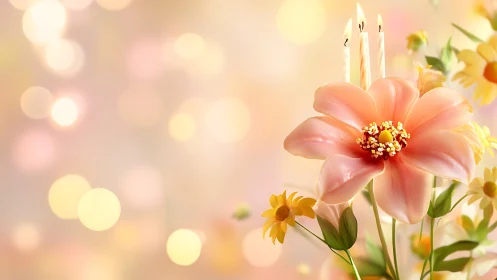 Pink flower with burning candles against soft bokeh background.
