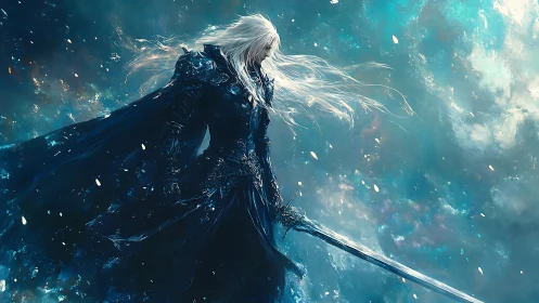 Starlit frost knight strides through a swirling cosmic blizzard.