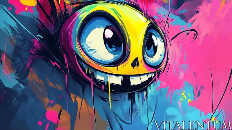 Bold neon skull face with wide eyes in graffiti chaos.