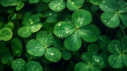 Macro study of clover leaves with dewdrops in soft natural light