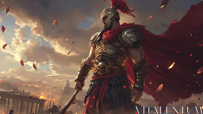 Spartan warlord surveys burning city under storm clouds.