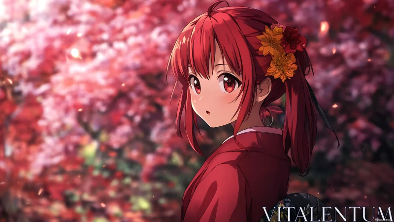 Red haired girl in kimono before blurred floral backdrop.