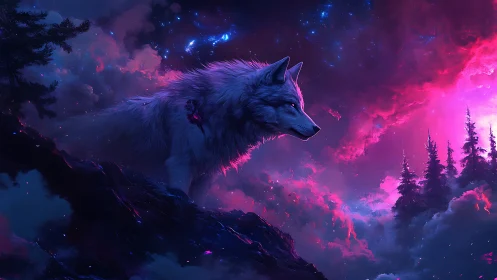 Celestial wolf on neon ridge in luminous digital painting.