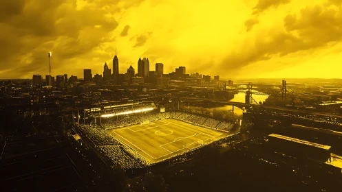 Golden city skyline over illuminated football stadium