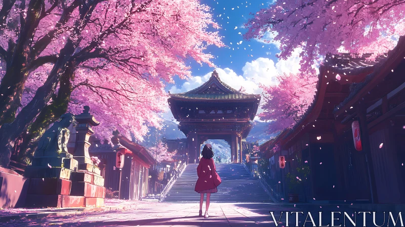 Girl wandering under cherry blossoms toward a quiet temple.