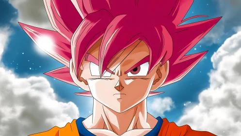 Pink haired anime warrior stares forward against cloudy sky