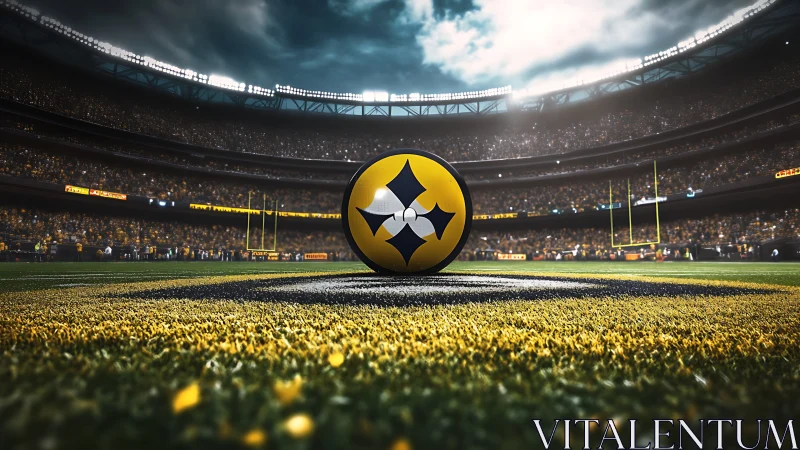 Football stadium field with central logo sphere at midfield.