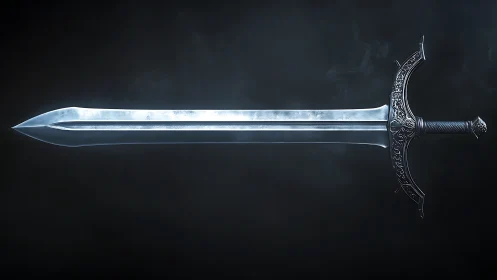 Rendered broadsword rests horizontally against dark backdrop