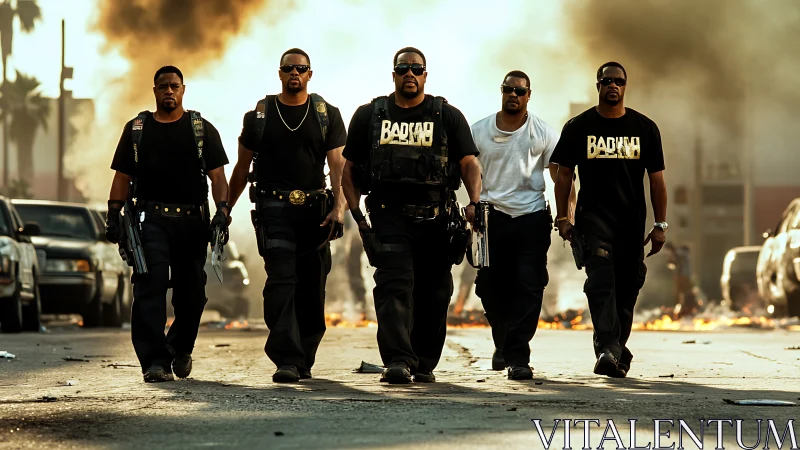 Armed tactical squad strides through fiery urban chaos