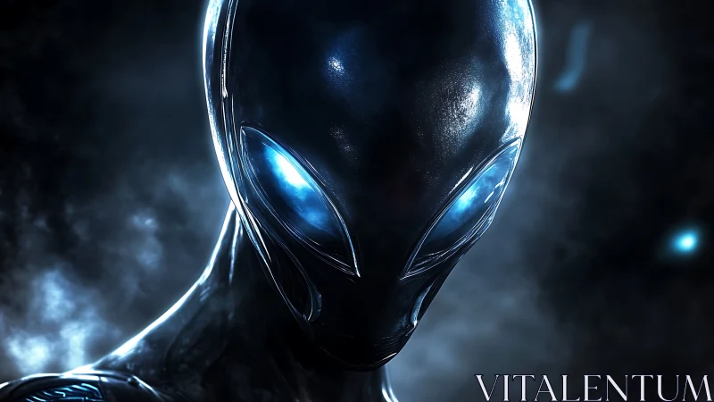 Futuristic blue eyed alien portrait in dark space scene.