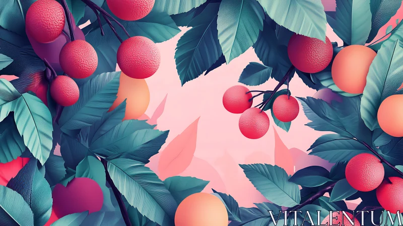 Juicy coral fruit nestled in dreamy teal garden branches.