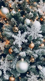 Snow-dusted Christmas tree displays metallic baubles and lights