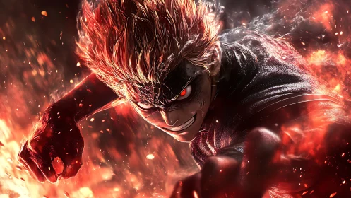 Fiery anime warrior charges forward through blazing chaos