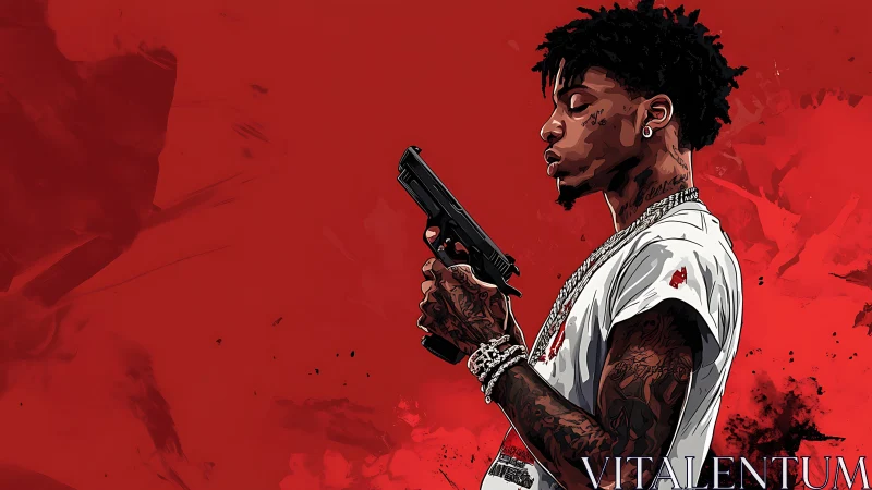 Stylized rapper profile holding handgun on blood-red field.