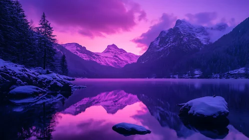Snowy mountains glow in vivid magenta twilight reflection.