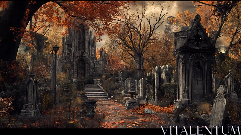 Gothic necropolis under autumnal canopy, atmospheric perspective.