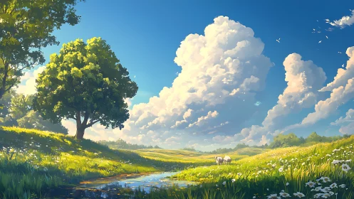 Sunlit meadow landscape under towering summer clouds.