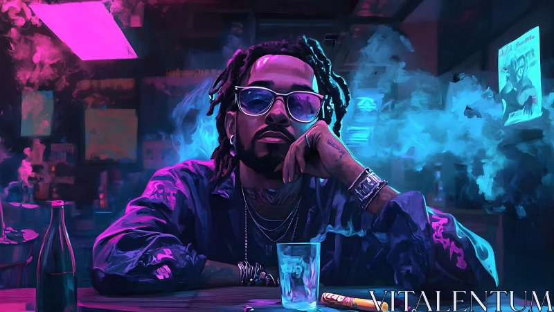 Man in neon lit bar leans on table amid dense blue smoke