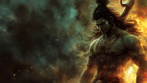 Stormforged warrior amid emerald smoke and searing flame.