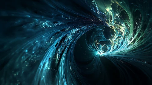Fractal vortex nebula curls inward with luminous cyan energy