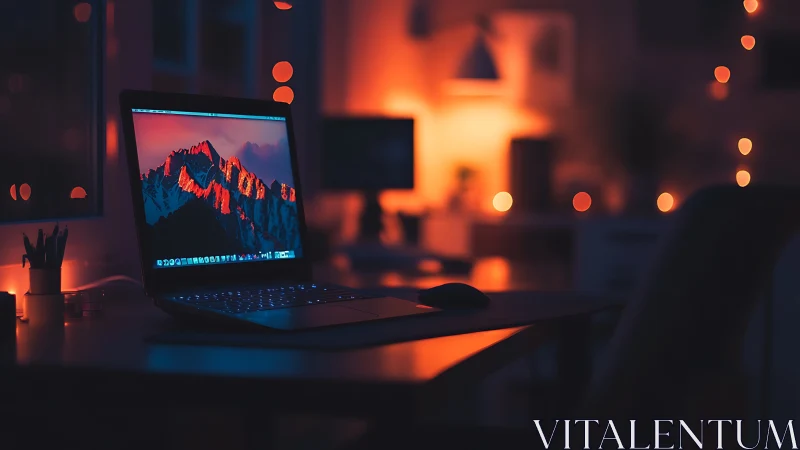 Soft evening workspace glows around a laptop’s mountain view