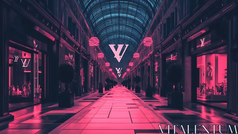 Neon lit luxury arcade extends under glass vaulted ceiling