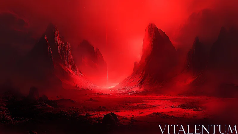 Crimson alien badlands glow around a mysterious sky spear.