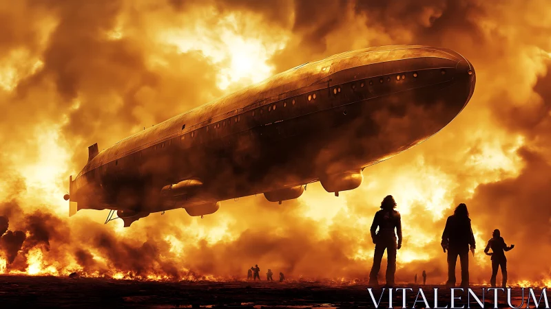 Gigantic retro airship hovers over silhouetted survivors in firestorm