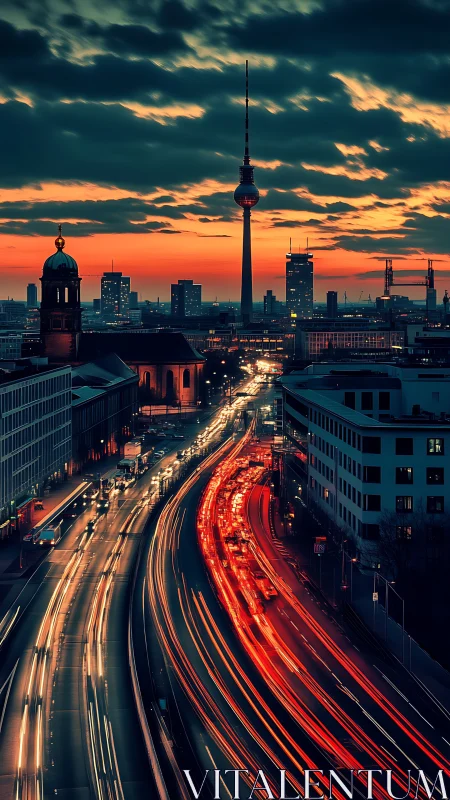 Nocturnal traffic light-trails beneath illuminated telecom tower.