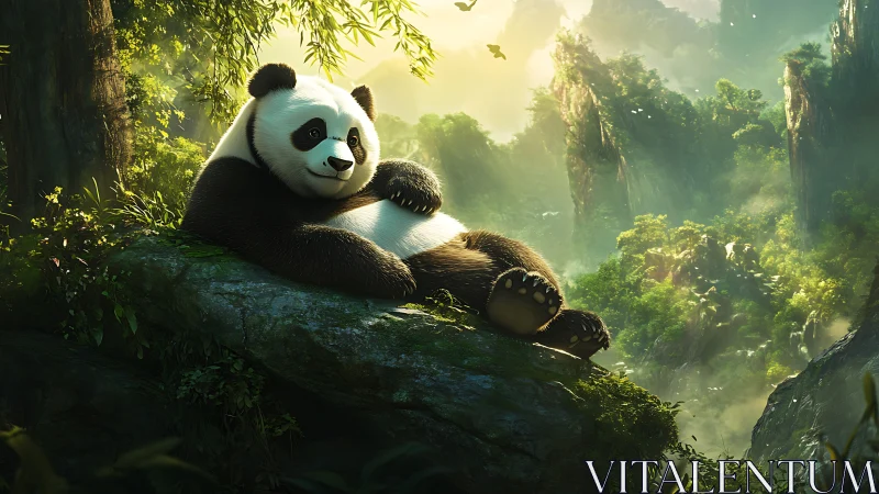 Panda positioned on mossy rock within dense forest valley.