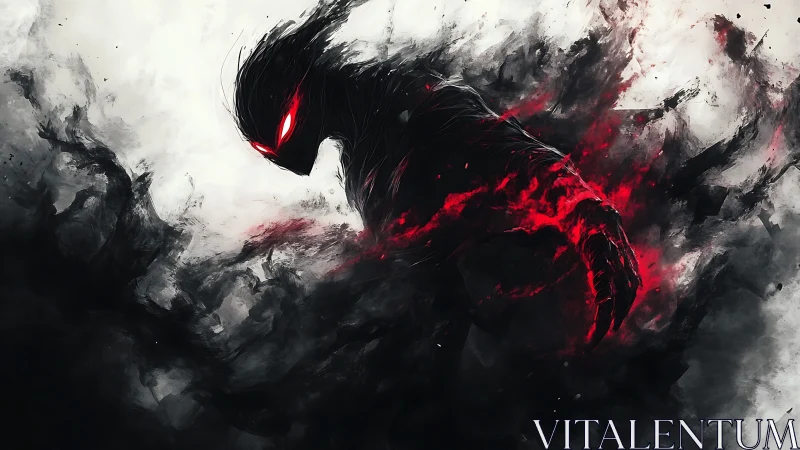 Shadow wraith erupts in crimson chaos across swirling void.