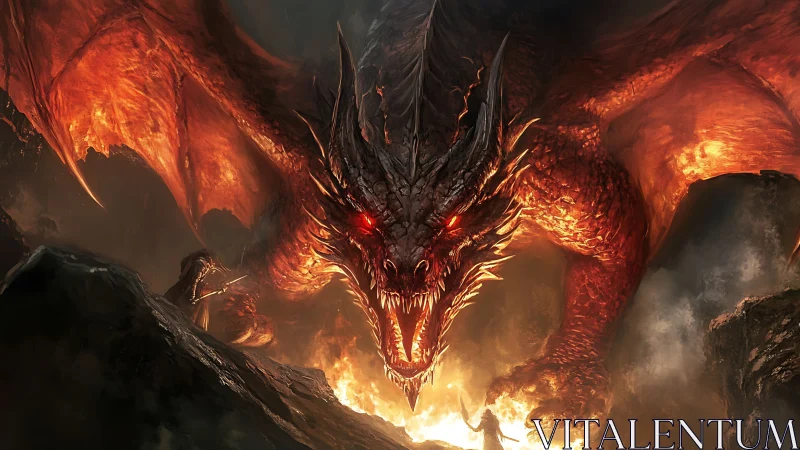 Infernal dragon lunges over knight in high-contrast lava glow