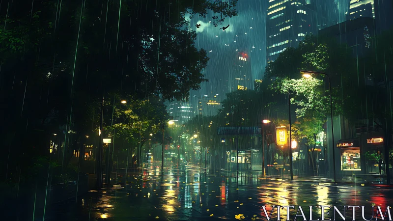 Gentle city rainfall casts quiet light over a neon street