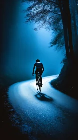 Cyclist riding forest road at dusk beneath blue twilight.