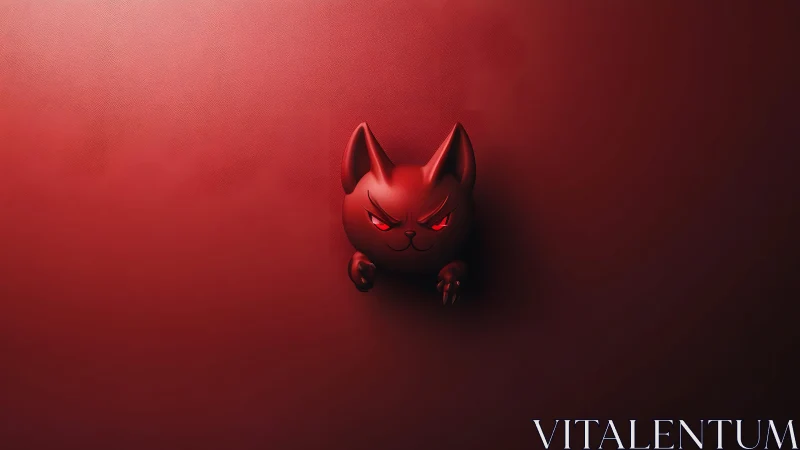 Dark cartoon cat with glowing red eyes on textured red background.