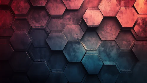 Warm hexagon wall glowing with red and blue industrial light.