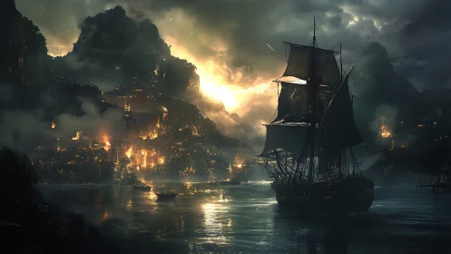 Warship approaches burning coastal city at dark sunset.