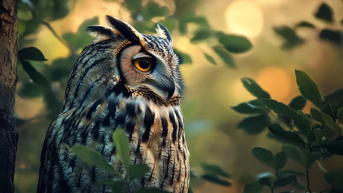 Majestic owl perched in a sunlit forest, soft bokeh background.