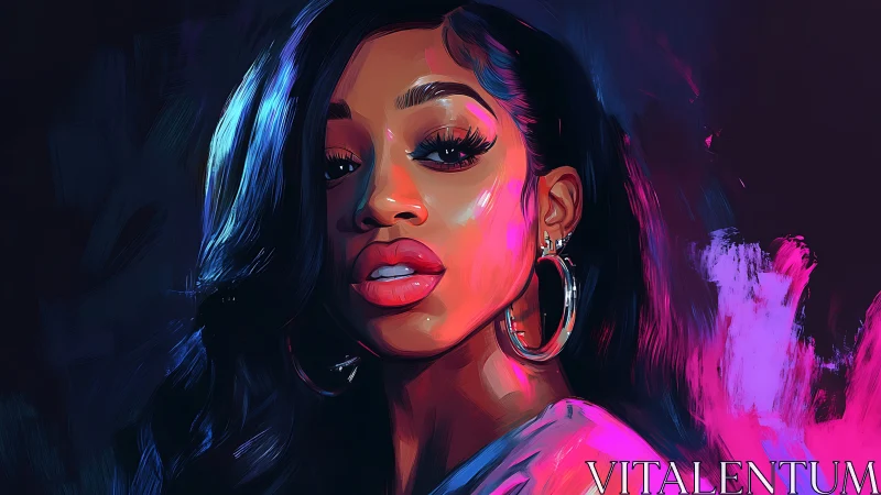 Portrait of woman in neon lighting with digital brushwork.